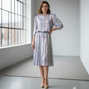 Vintage 80s Starlo‎ Fashions Pastel Abstract Pleated Midi Dress Blouson USA L